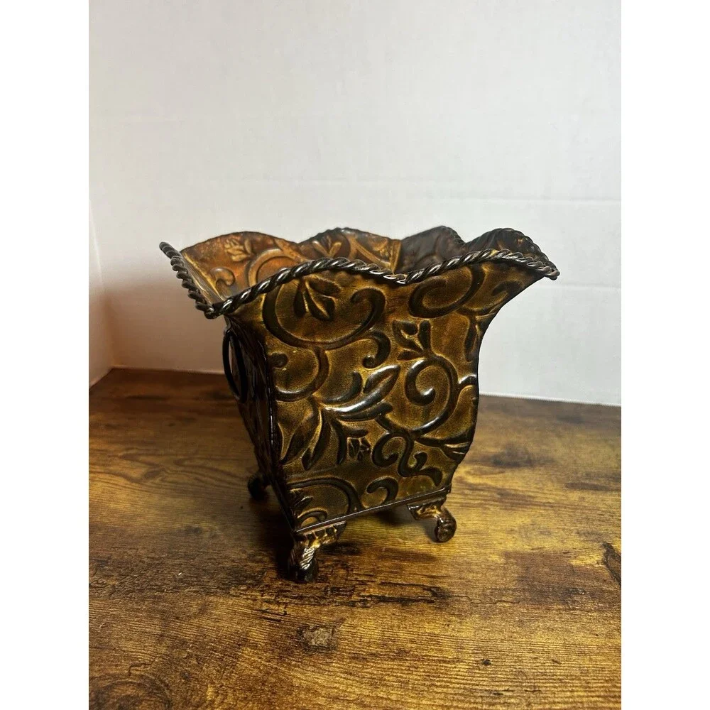 Vintage Embossed Metal Planter Bronze Floral Scroll Footed Cachepot Decor Accent